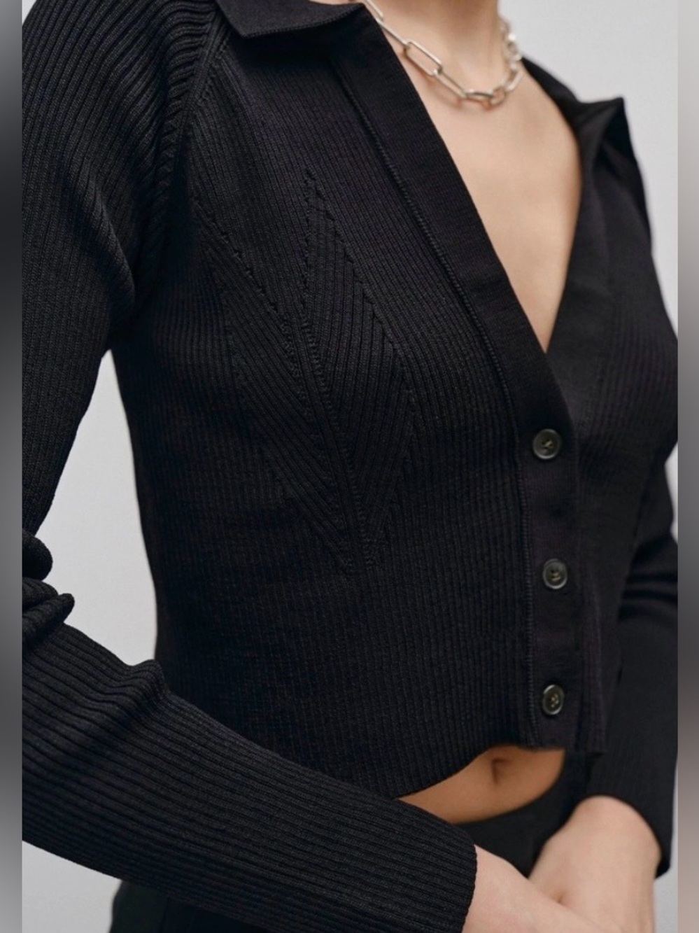 Birgitte Herskind Ribbed Collared Cardigan Black Small Cropped Knit Minimalist